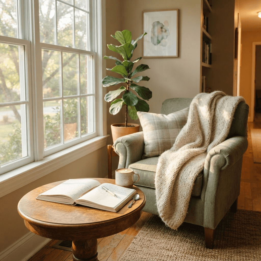 Sunlit reading nook inside the New Hope campus